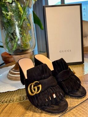 Gucci Black Suede Fringe Mule Block Heels